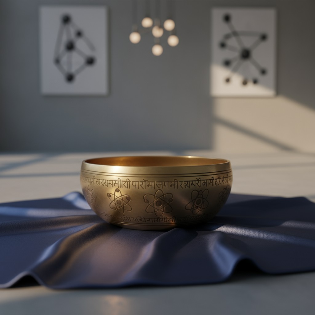A golden bowl with a gray tablecloth sits on a white table. The satbic symbols across the bowl depict traditional Indian o...